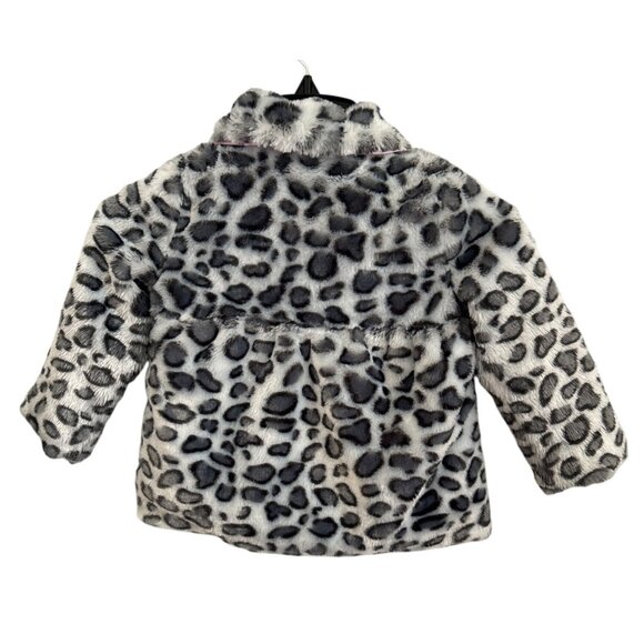 Girls Faux Fur White Gray Leopard Print Coat Pink Bow Accent & blingy Buttons 3T - Picture 3 of 8